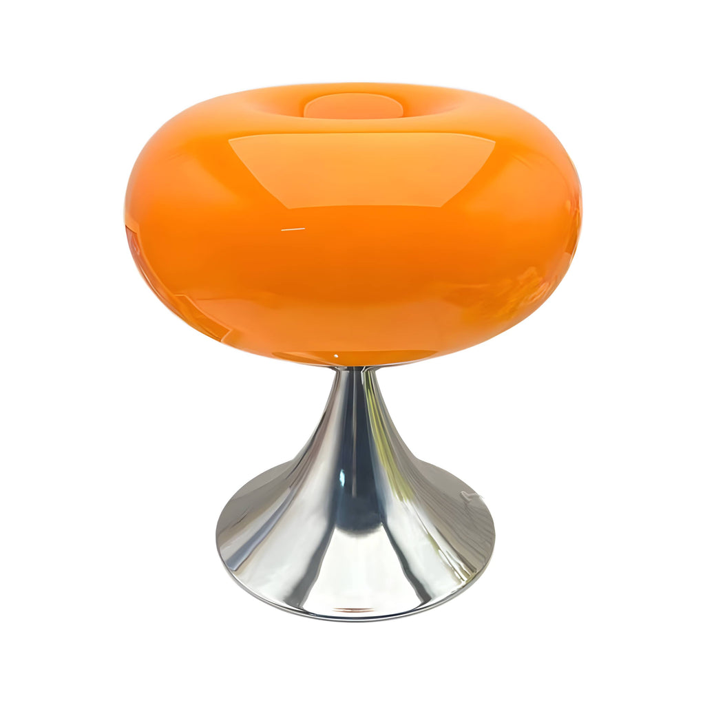 Orange donut table lamp with a rounded glass shade and metal pedestal.