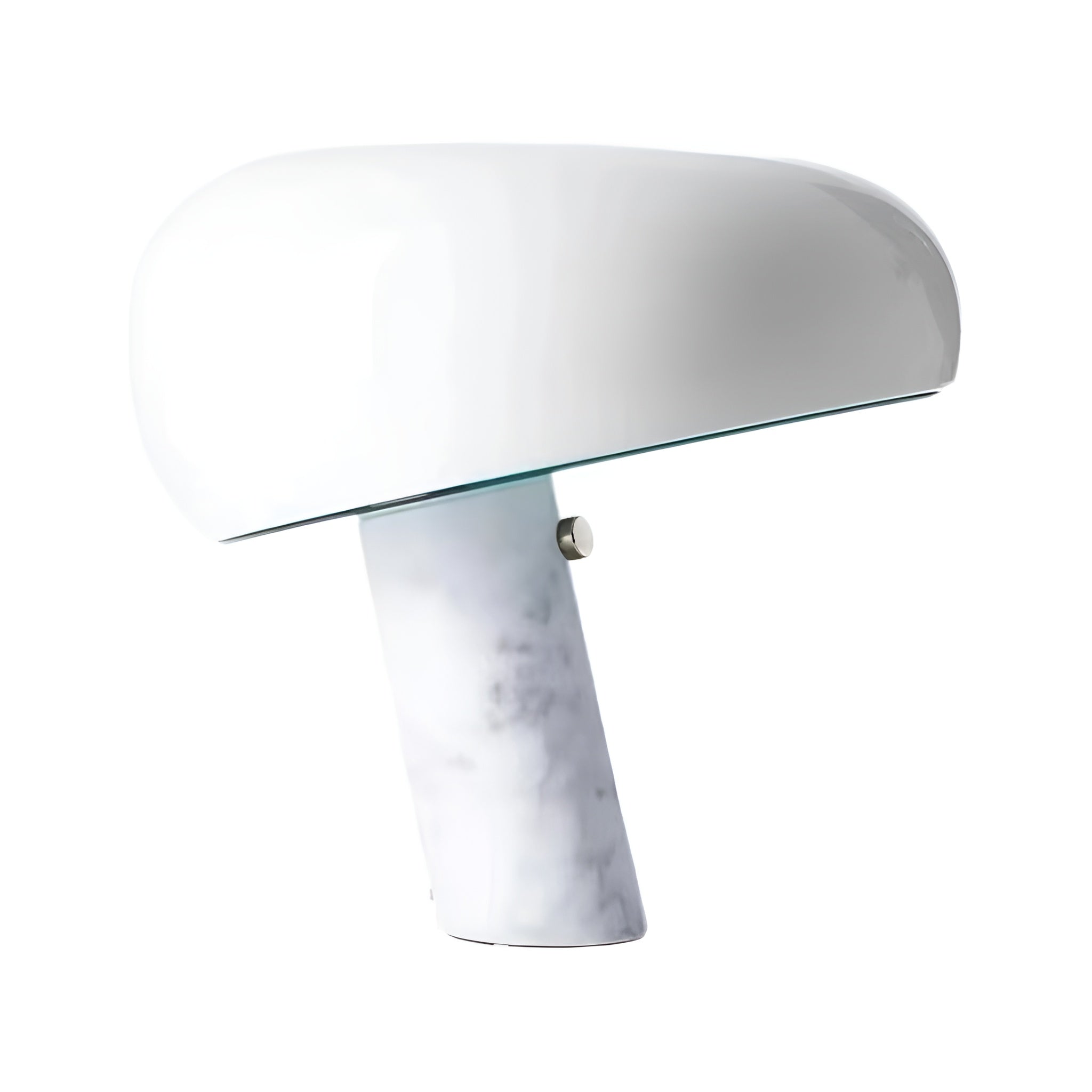 White table lamp with a rounded shade and veined marble base.