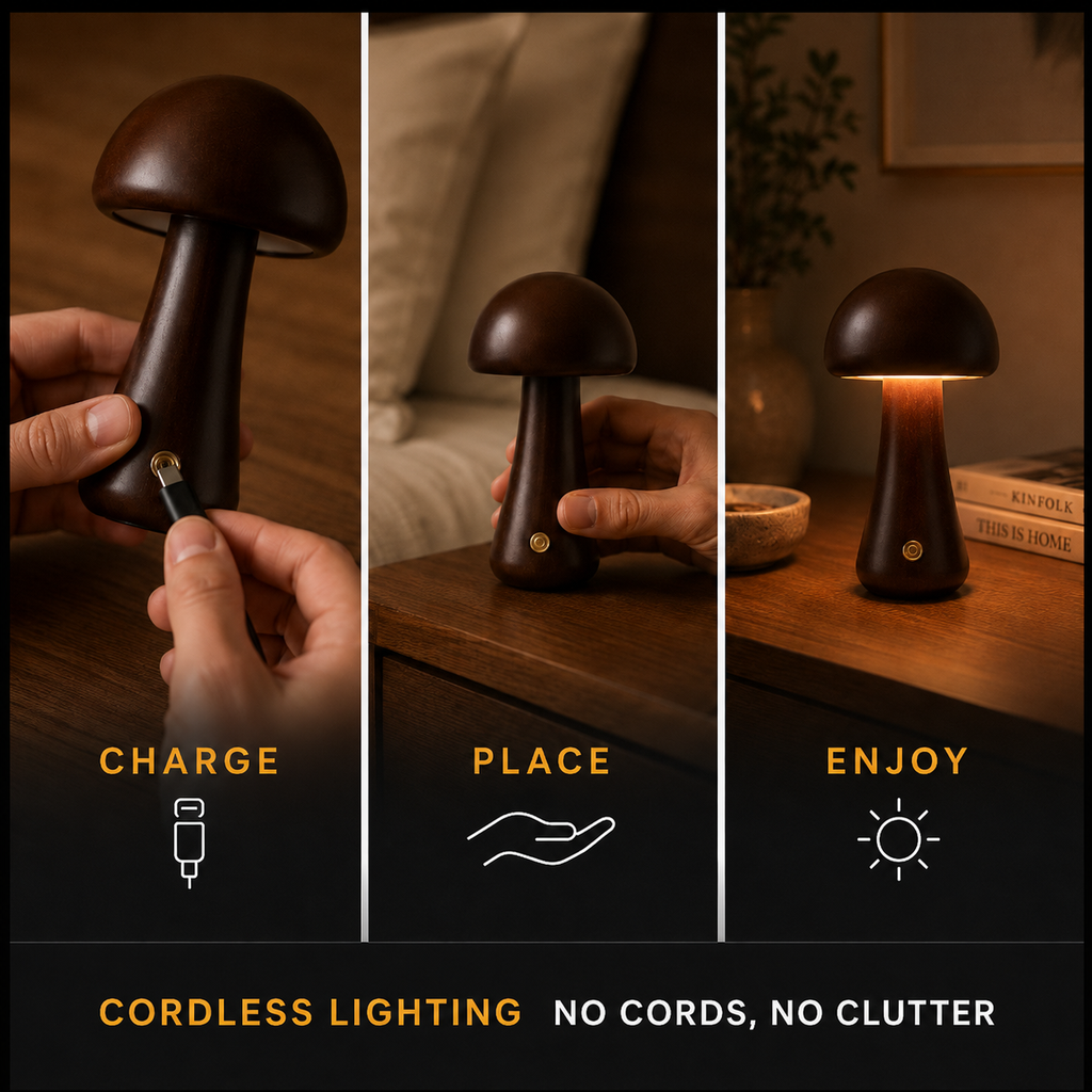 Three-panel graphic showing the table lamp being charged, placed on a surface, and switched on.
