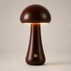 Dark brown mushroom table lamp switched on against a warm gray studio background.
