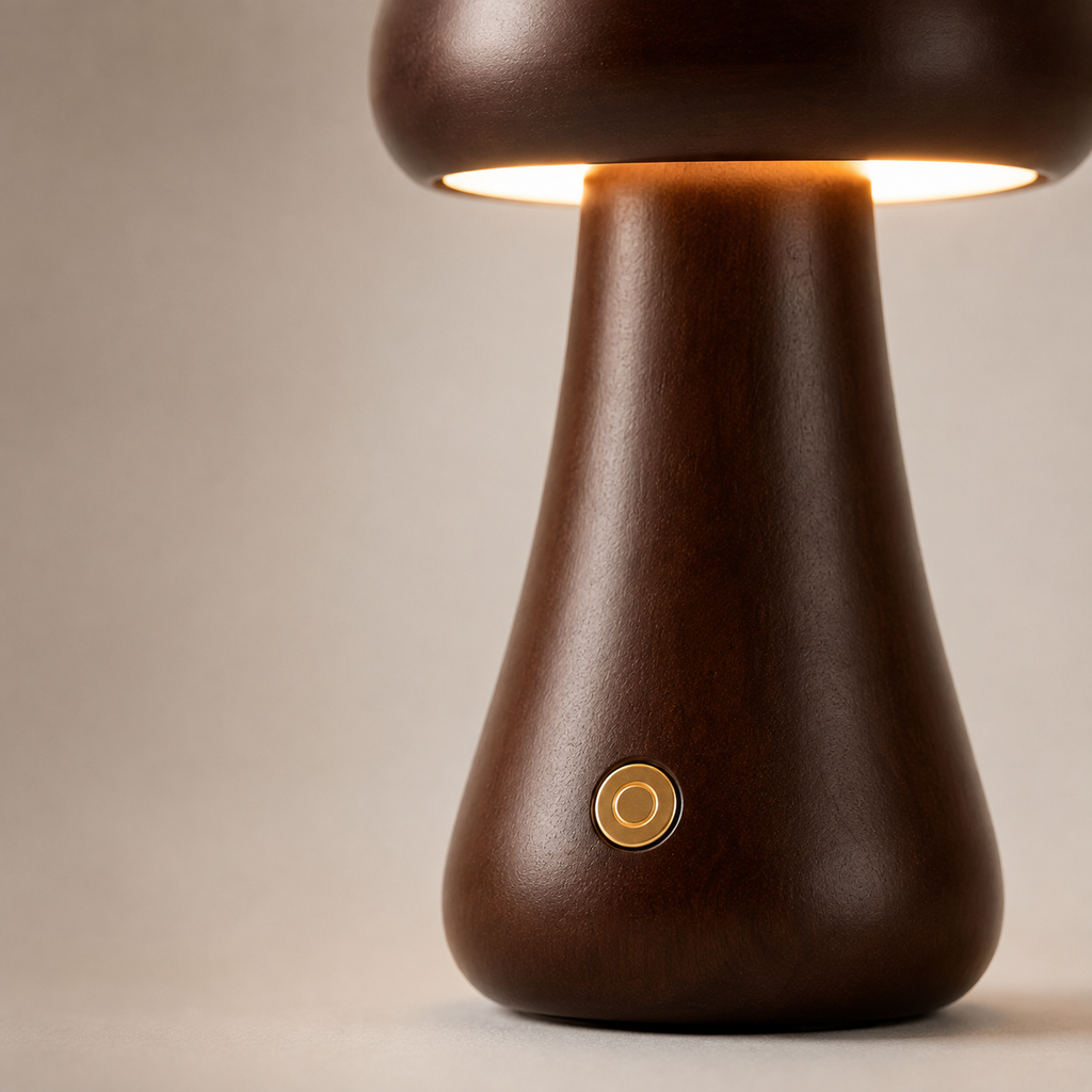Close-up of the dark brown table lamp showing the glowing shade, tapered body, and round front button.