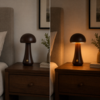 Split bedroom scene showing the table lamp off on the left and glowing warmly on the right.