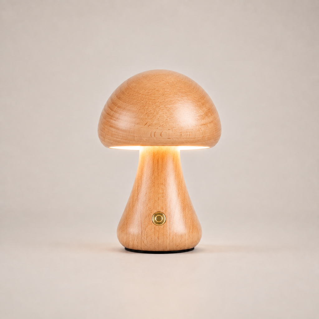 Table lamp with a rounded amber dome shade and flared triangular base on a light beige studio background.