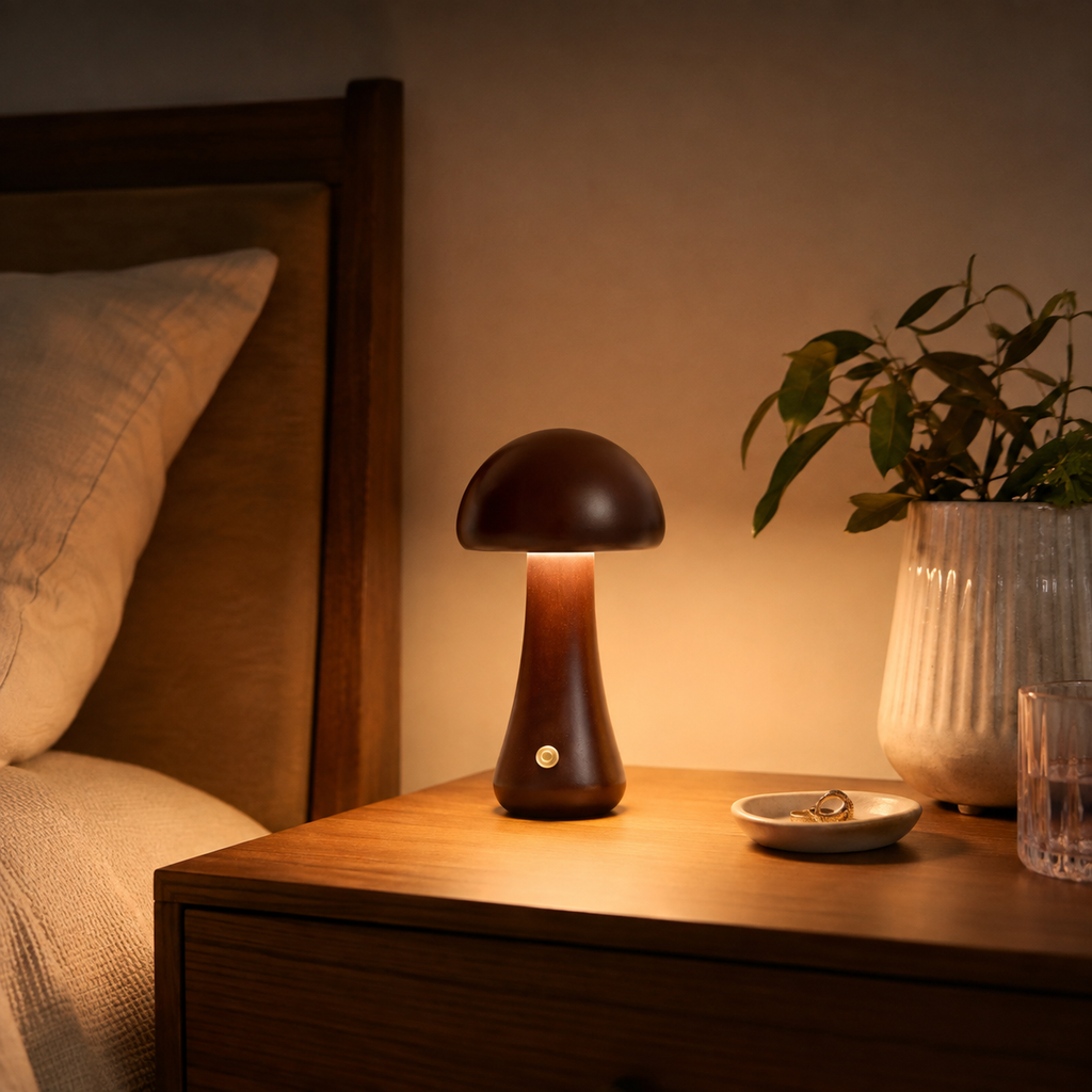 Dark brown mushroom table lamp glowing on a bedside table beside a bed and potted plant.