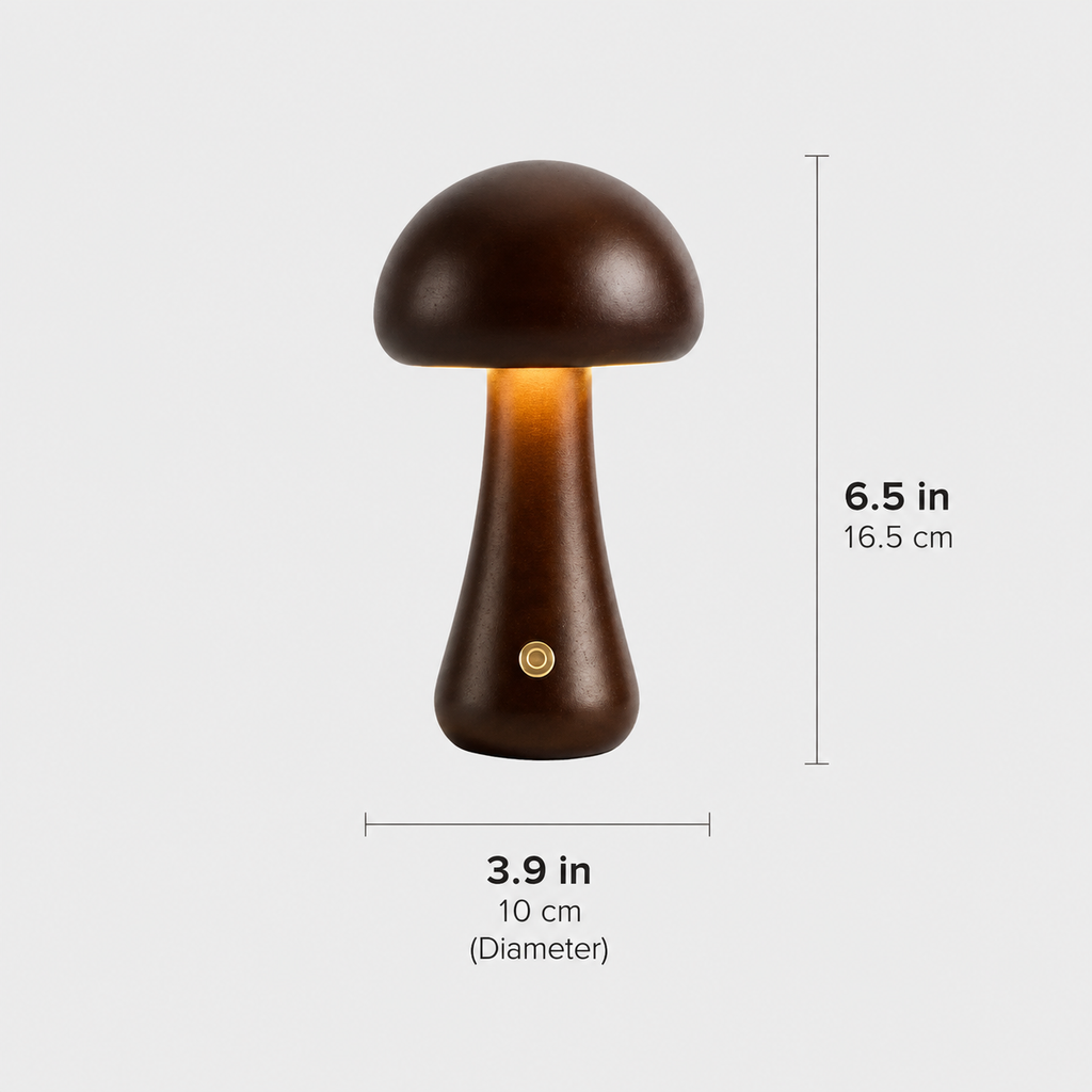 Dimensions graphic showing the dark brown mushroom table lamp with height and width measurements.
