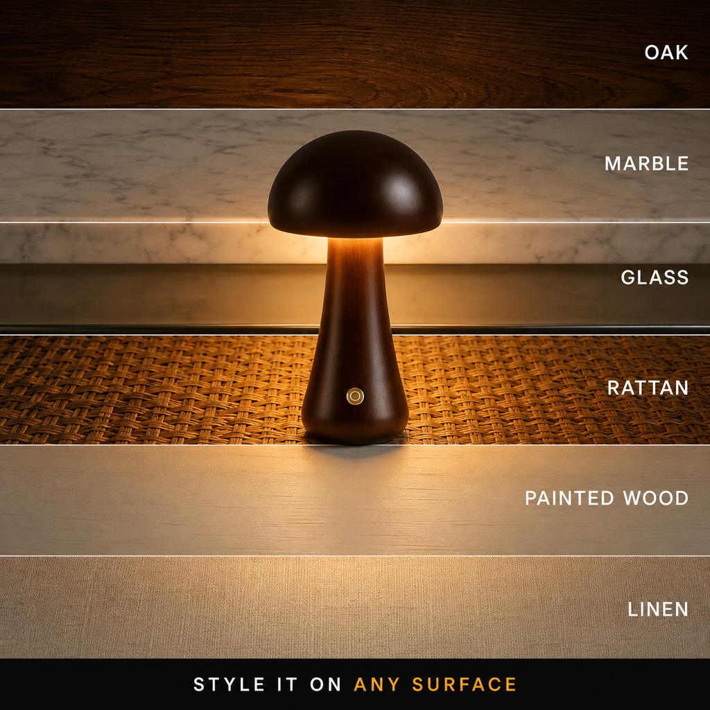 Dark brown table lamp glowing in front of layered interior surfaces with labels along the right side.
