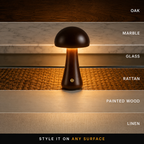 Dark brown table lamp glowing in front of layered interior surfaces with labels along the right side.