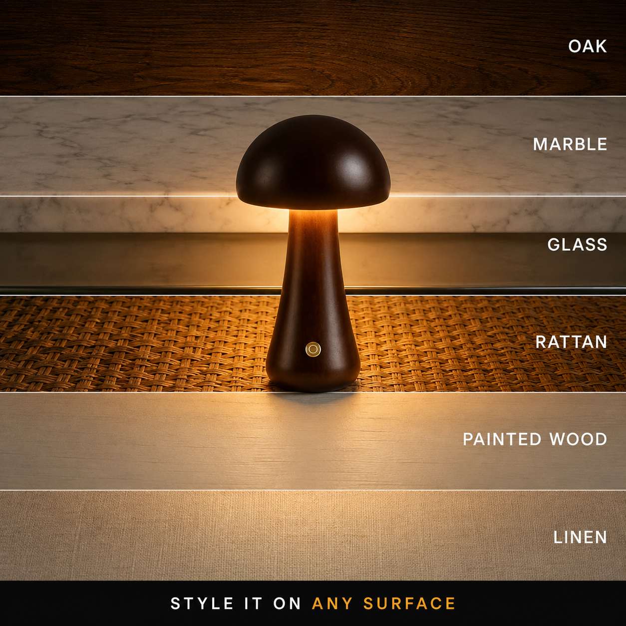 Dark brown table lamp glowing in front of layered interior surfaces with labels along the right side.