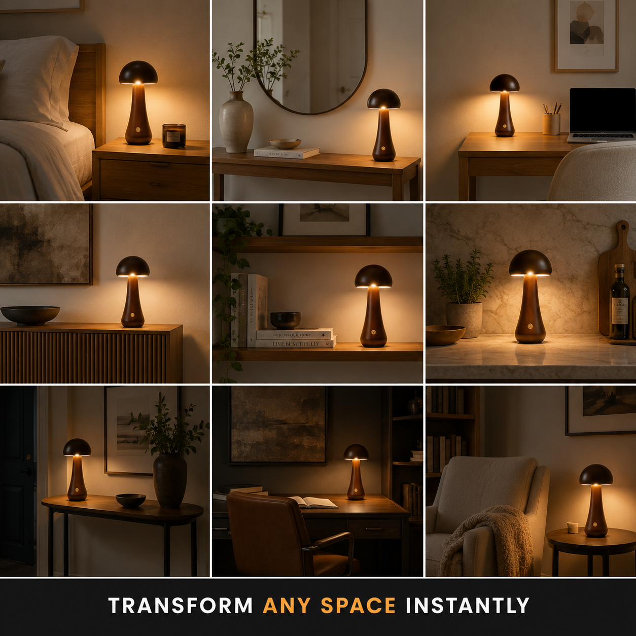 Nine-room grid showing the table lamp glowing on bedside tables, shelves, desks, and side tables.