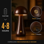 Technical graphic showing the table lamp, a 4–8 hour battery icon, button detail, and charging port.