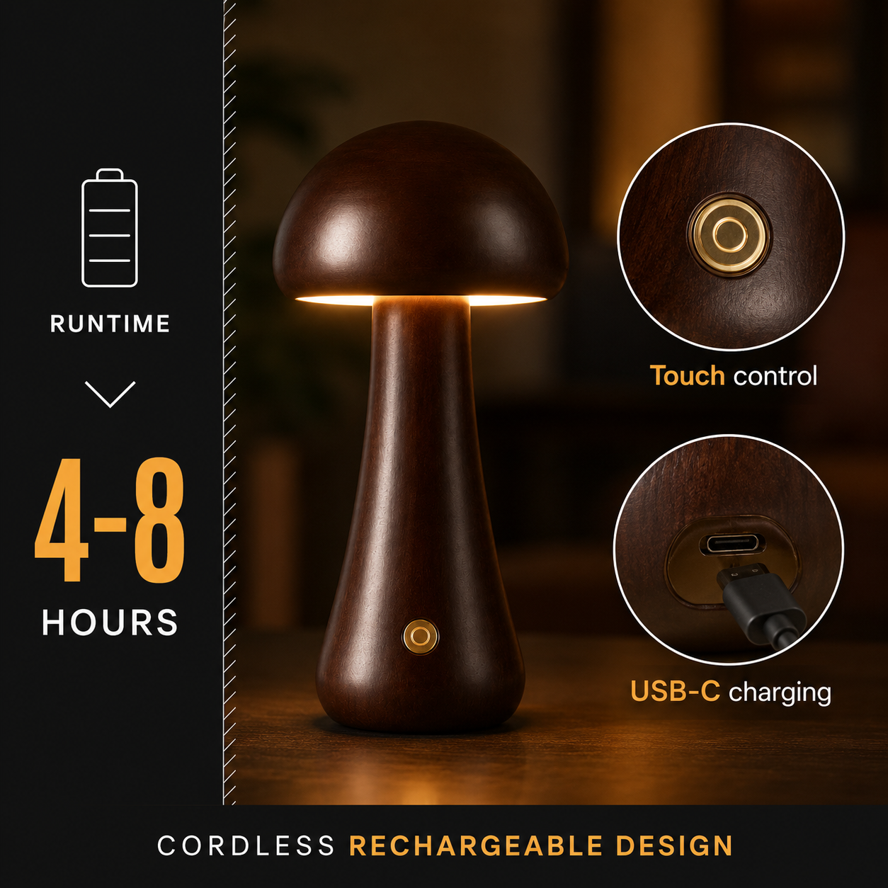 Technical graphic showing the table lamp, a 4–8 hour battery icon, button detail, and charging port.