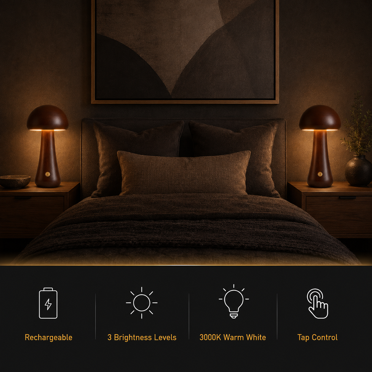 A dark bedroom with one table lamp glowing on each bedside table above a four-icon feature bar.