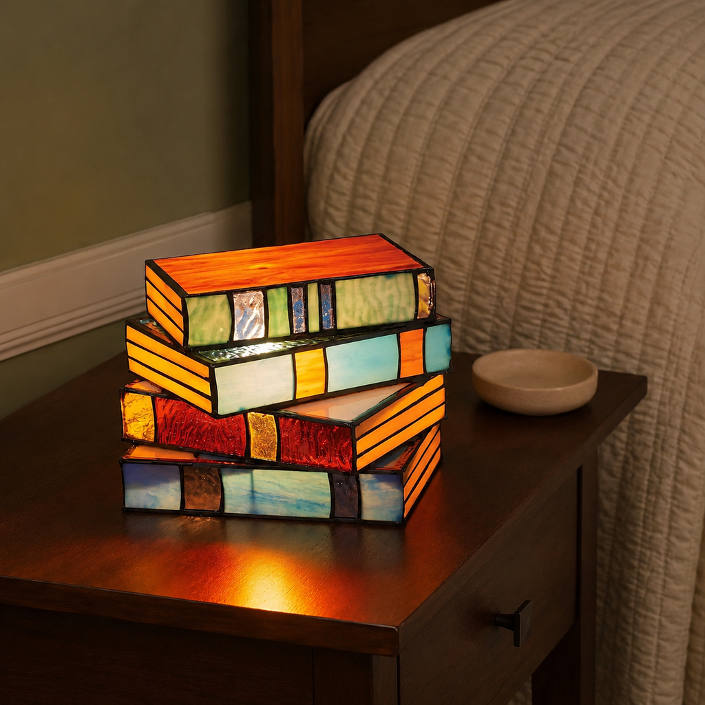 Illuminated stained glass book table lamp on a walnut nightstand beside a cream quilt.