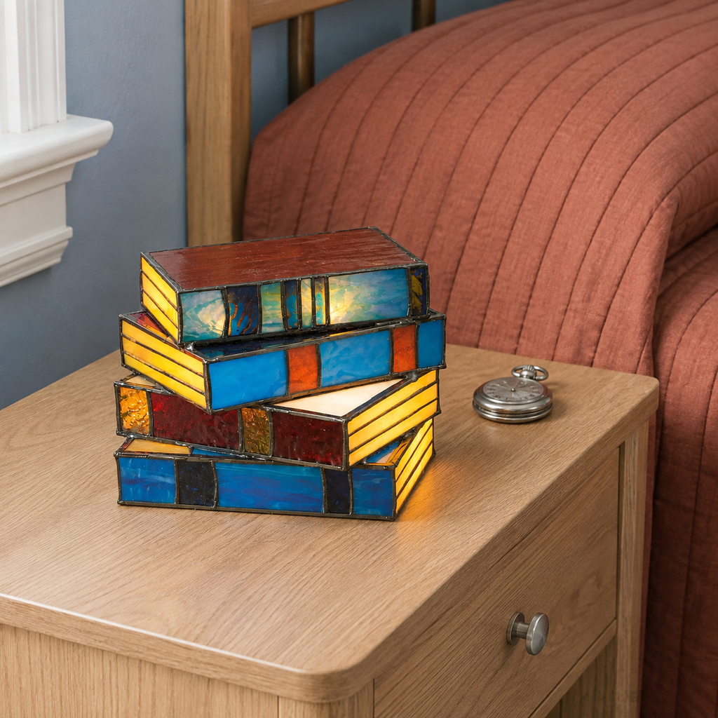 Stained glass book table lamp glowing on an oak nightstand beside a rust-colored quilt.