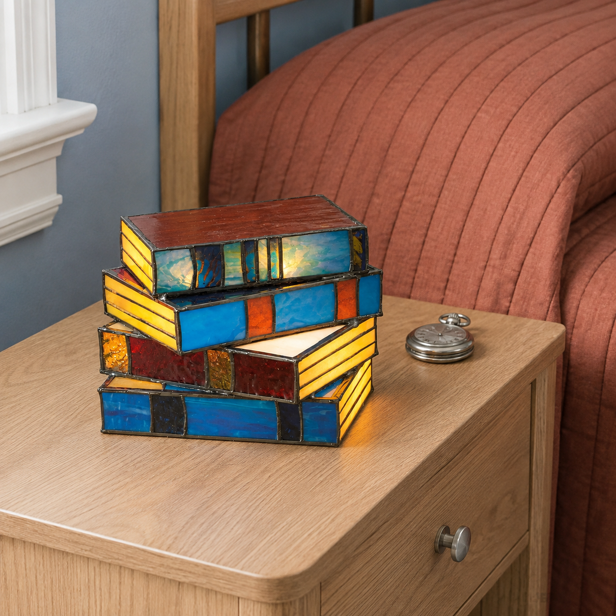 Stained glass book table lamp glowing on an oak nightstand beside a rust-colored quilt.
