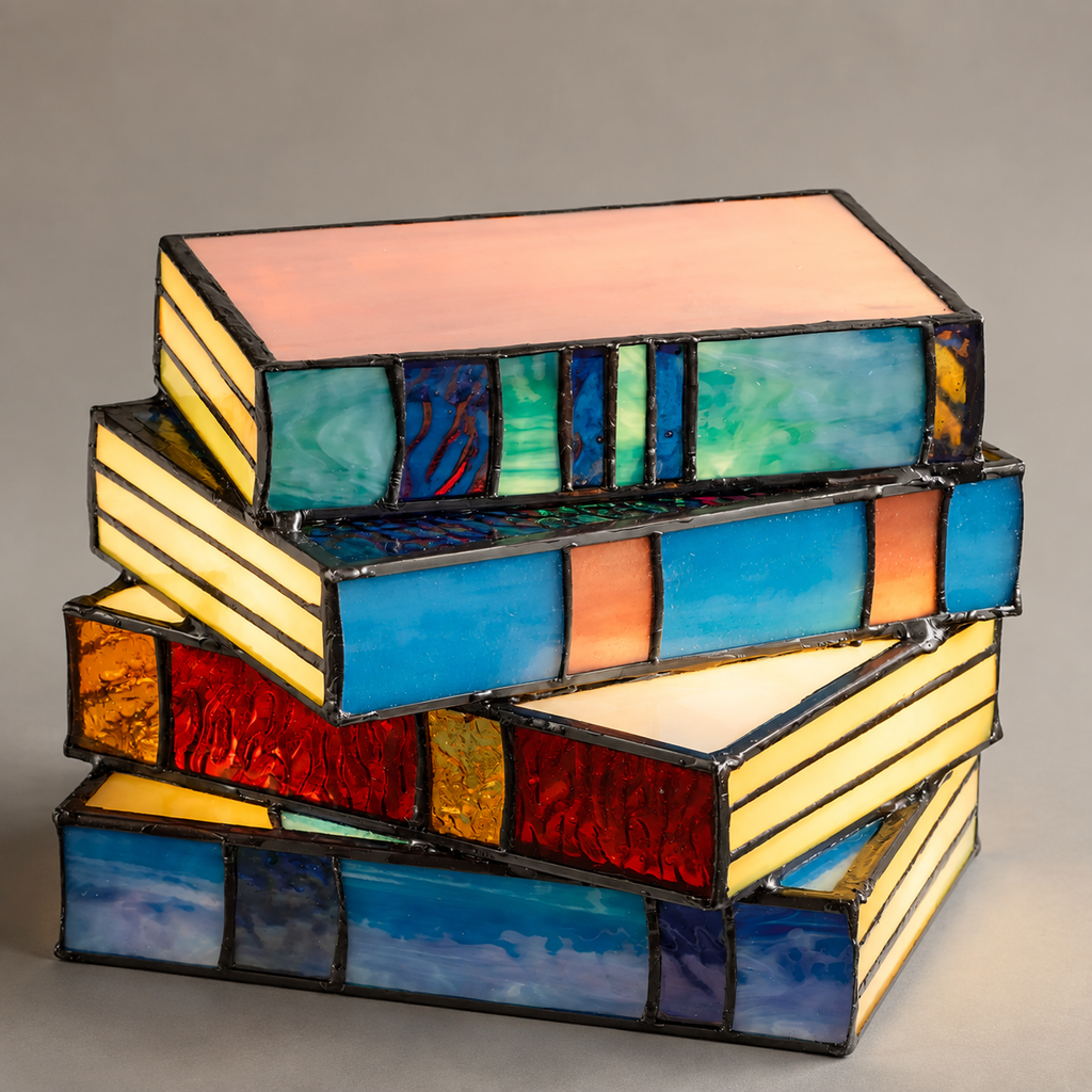 Close three-quarter view of an illuminated stained glass book table lamp on a warm gray studio set.