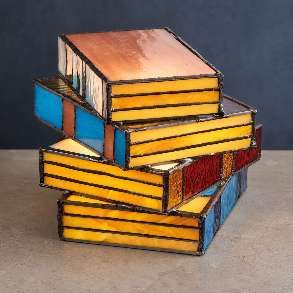 Rear three-quarter view of a glowing stained glass book table lamp against a slate-blue backdrop.