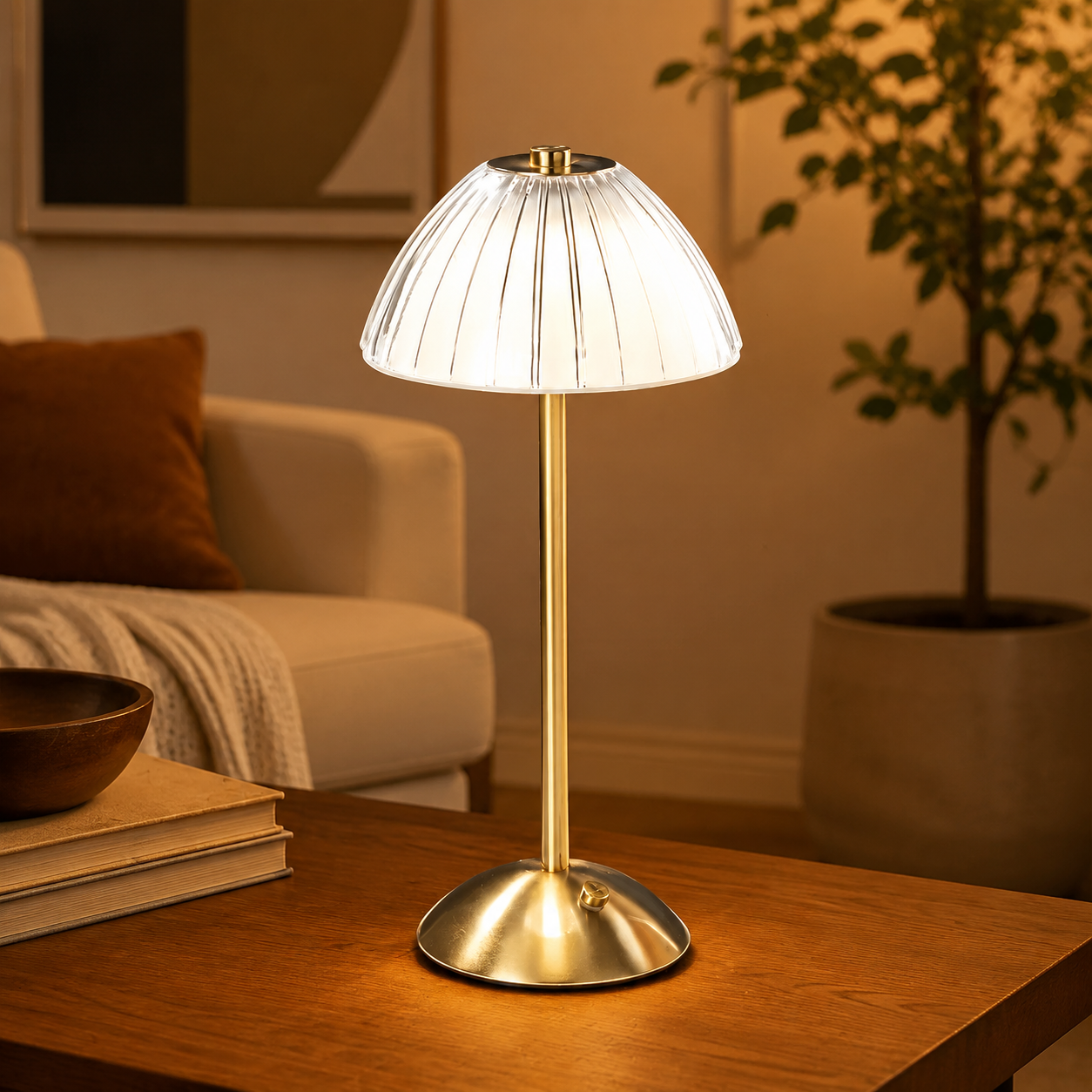 Gold rechargeable table lamp glowing on a side table in a warm living room.