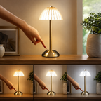 Gold touch table lamp with hand control and three brightness views.