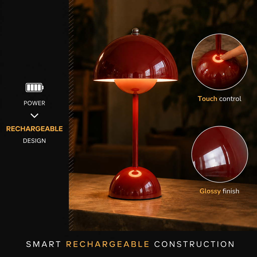 Red table lamp on a wooden surface with circular close-ups of the top fitting and glossy finish.