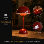 Red table lamp on a wooden surface with circular close-ups of the top fitting and glossy finish.