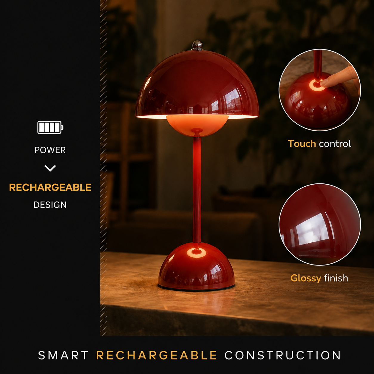 Red table lamp on a wooden surface with circular close-ups of the top fitting and glossy finish.