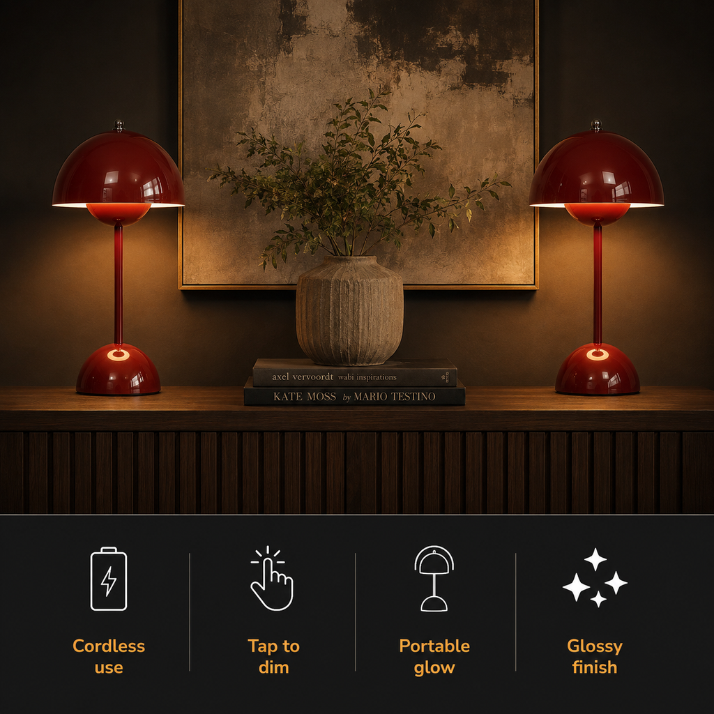 Two matching red table lamp designs glow on a console above four feature icons.