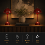 Two matching red table lamp designs glow on a console above four feature icons.