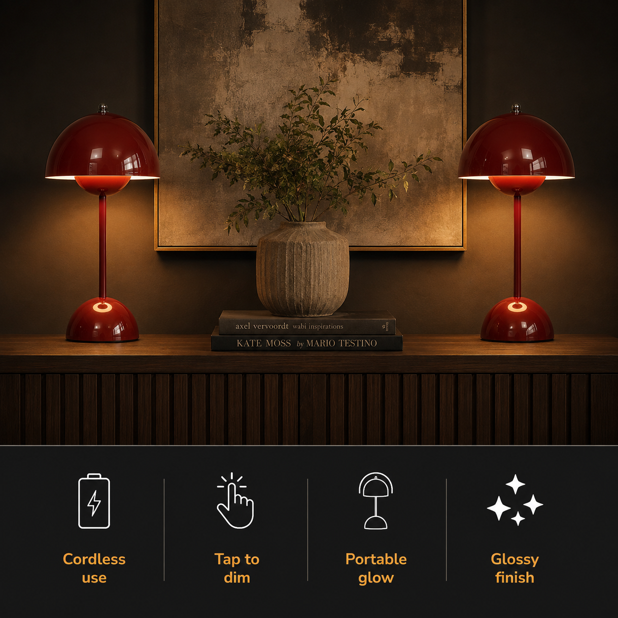Two matching red table lamp designs glow on a console above four feature icons.