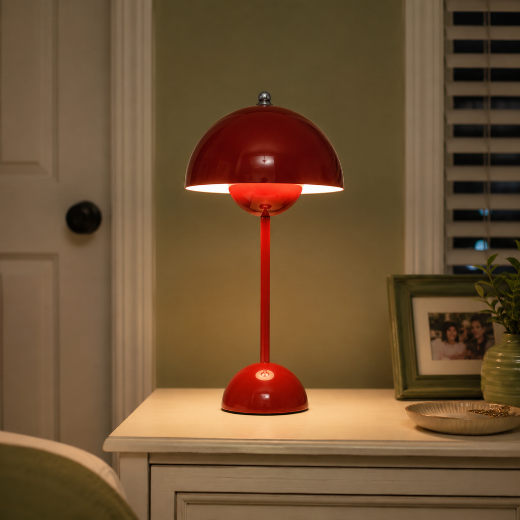 Red table lamp glowing on a white bedside cabinet beside framed art and a small potted plant.