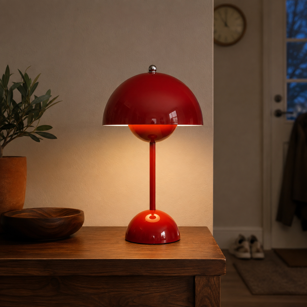 Red table lamp casting warm light on a wooden console beside a bowl and leafy plant.