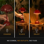 Three-panel view of the red table lamp being placed and glowing in warm interior settings.