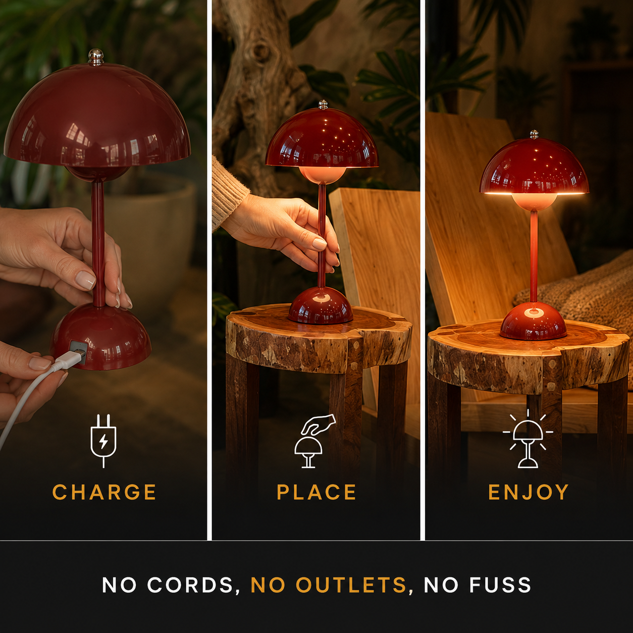 Three-panel view of the red table lamp being placed and glowing in warm interior settings.