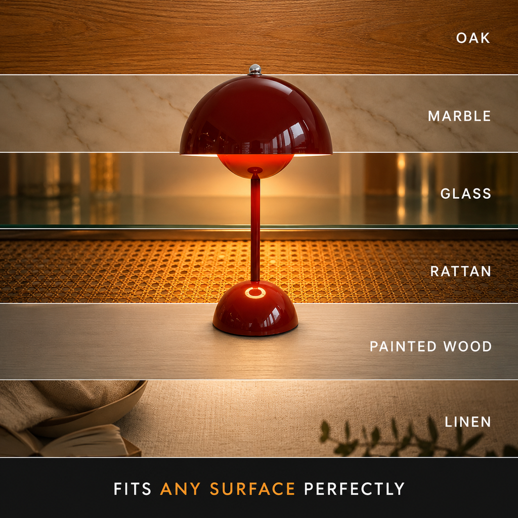 Red table lamp centered against wood and tiled backgrounds with three horizontal detail bands.