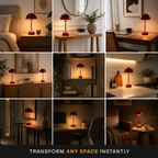 Nine-room grid showing the red table lamp glowing on shelves, desks, consoles, and side tables.
