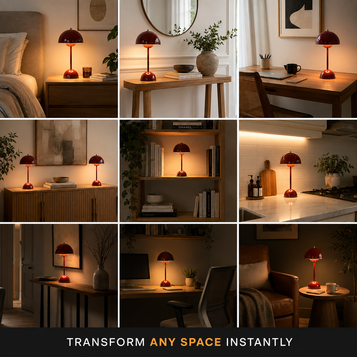 Nine-room grid showing the red table lamp glowing on shelves, desks, consoles, and side tables.