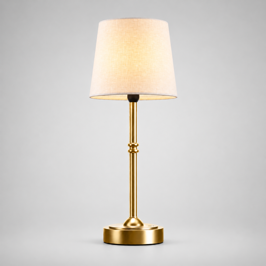 Gold cordless table lamp with a tapered white shade centered on a plain background.