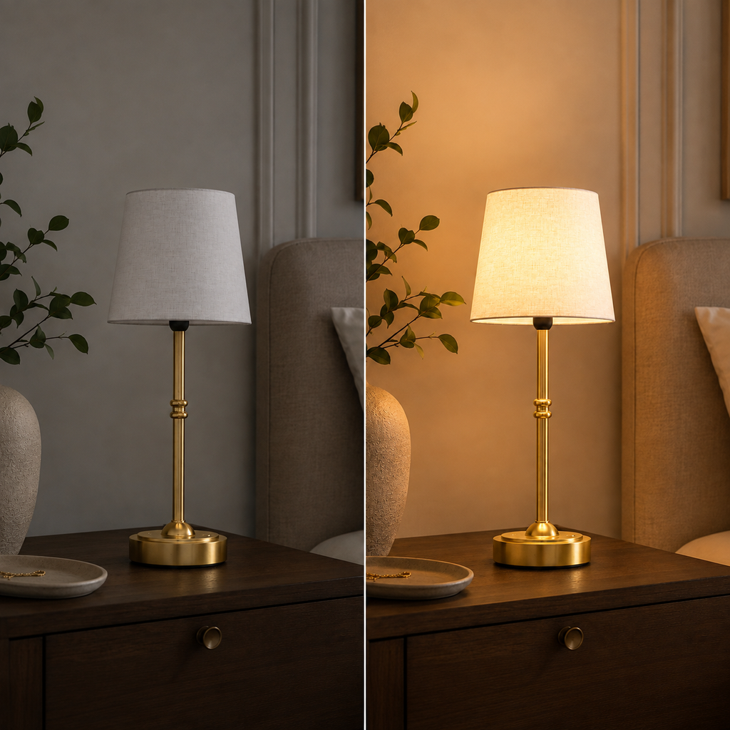 Table lamp shown switched off and illuminated side by side for comparison.
