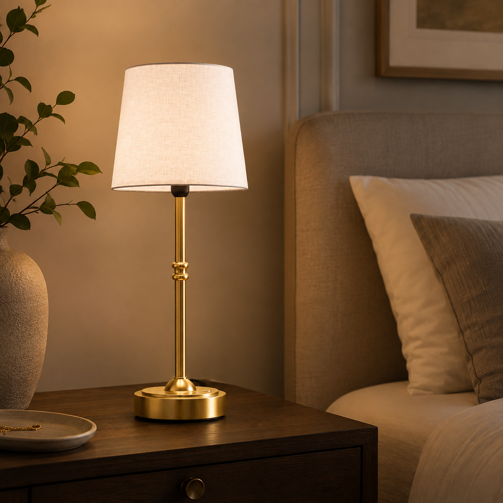 Gold cordless table lamp glowing on a side table in a styled bedroom space.
