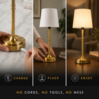 Table lamp setup graphic showing placement, charging, and touch control in three steps.