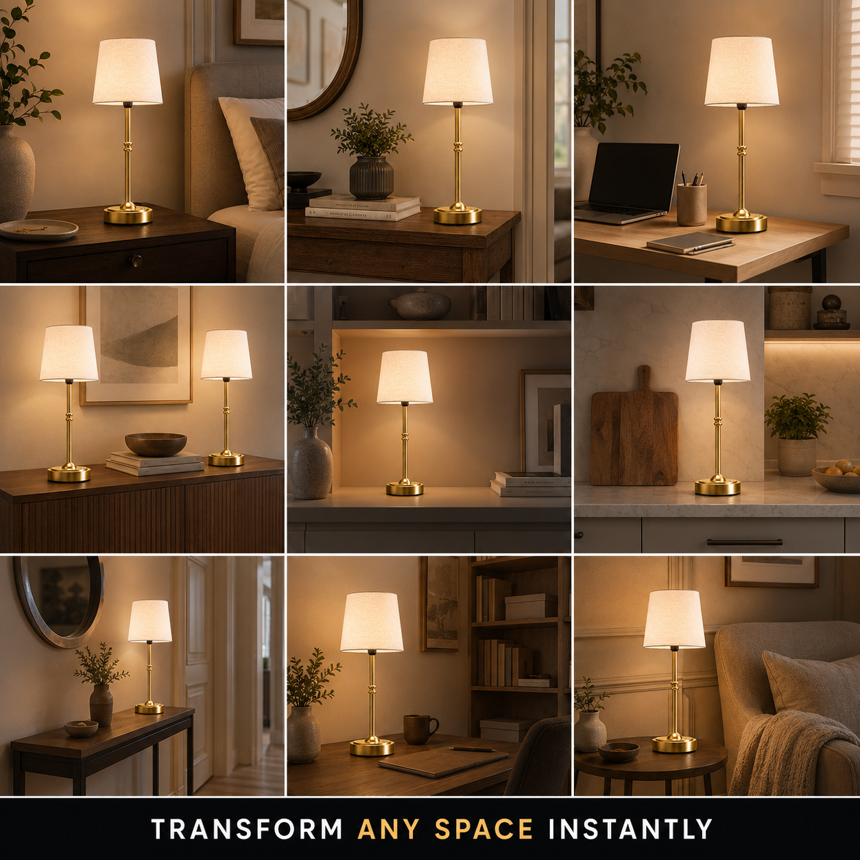 Cordless table lamp displayed in a nine room grid across different indoor settings.