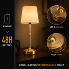 Table lamp technical detail graphic highlighting the USB C port, battery, and E12 bulb.