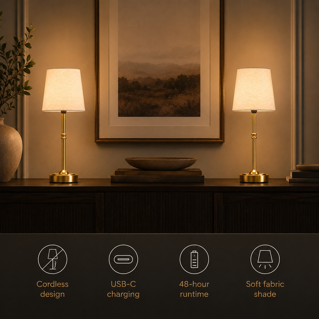 Cordless table lamp in a lifestyle setting with a row of feature icons below.