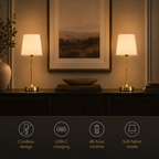 Cordless table lamp in a lifestyle setting with a row of feature icons below.