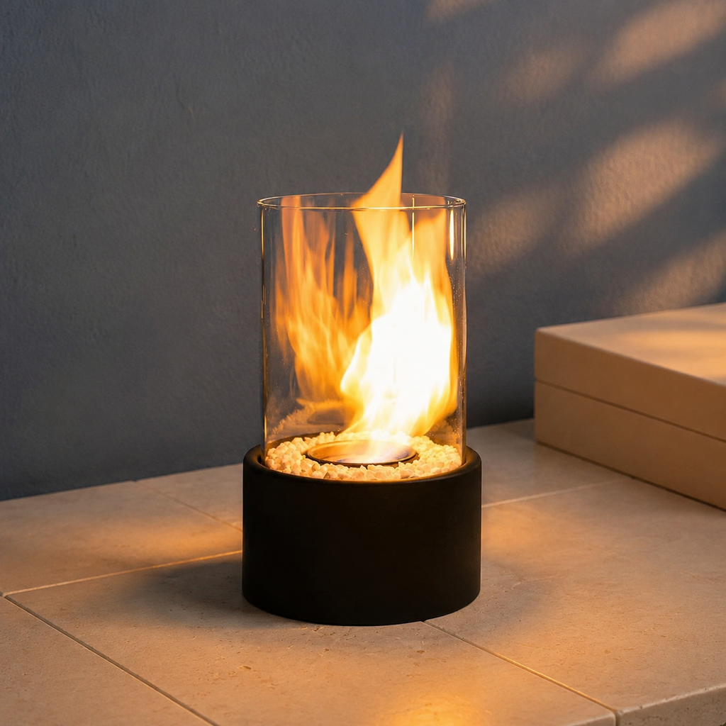 black tabletop fireplace with a tall flame on a pale tiled floor