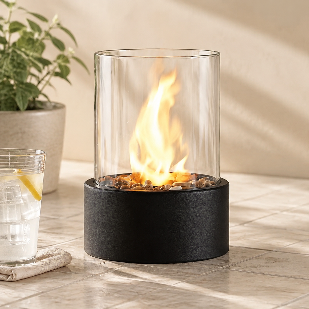 black tabletop fireplace burning beside a potted plant