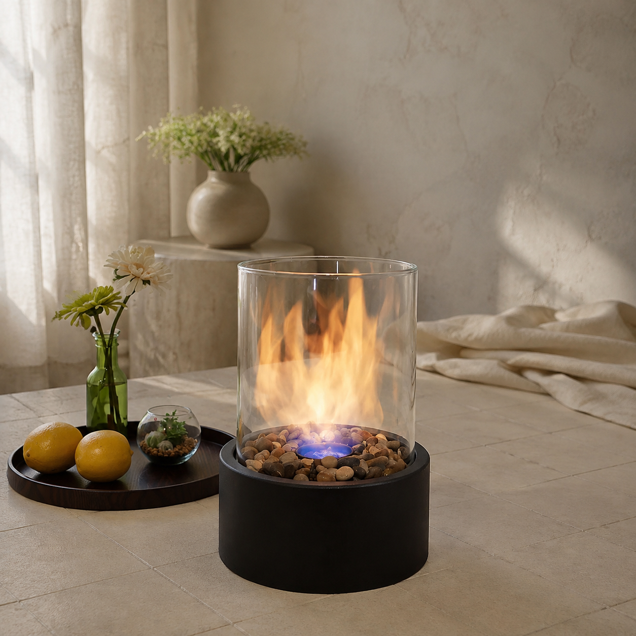 black tabletop fireplace glowing on a dining table with two glasses