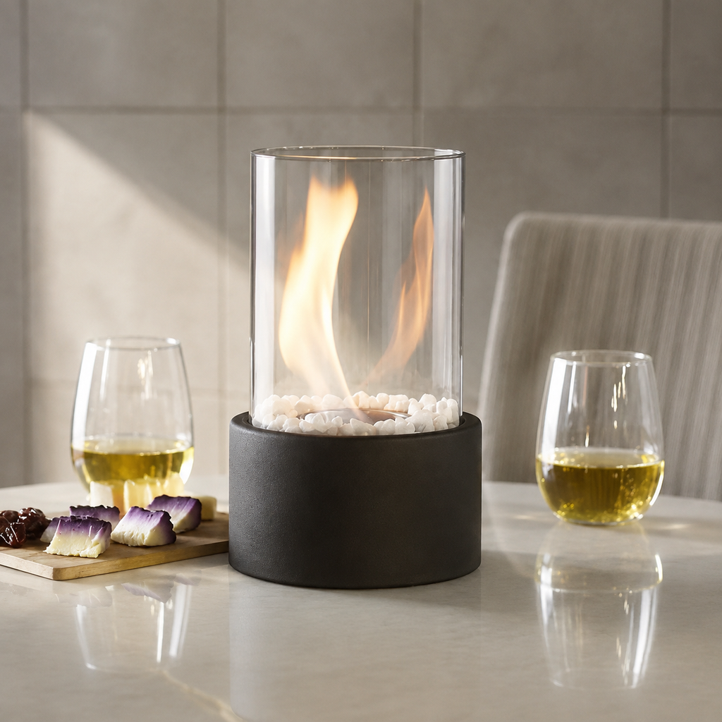 black tabletop fireplace burning on a bright covered patio