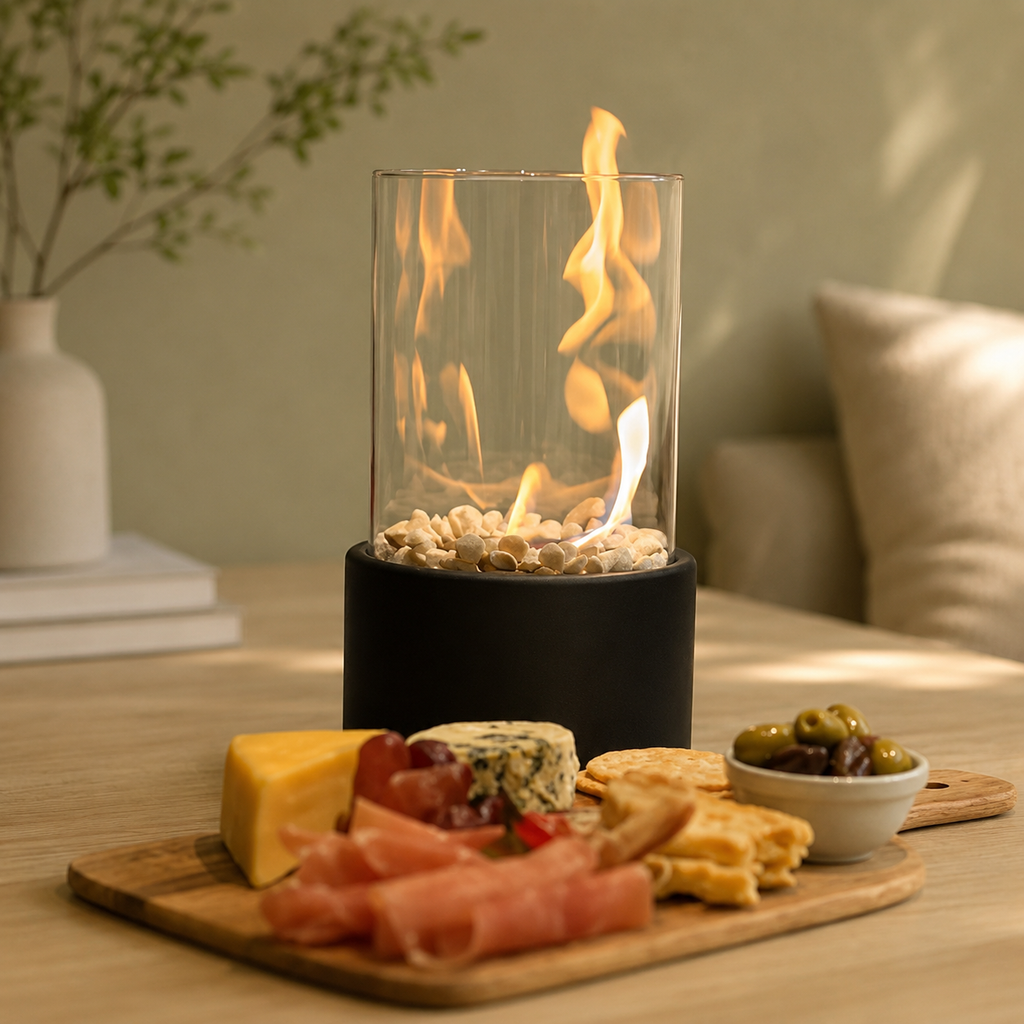 black tabletop fireplace beside an appetizer board