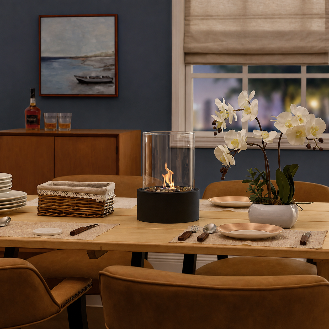 black tabletop fireplace centered on a dining table